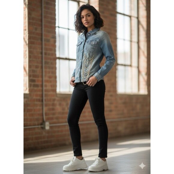 True Religion Blue Denim Distressed Chain Statement Jacket Sz S Biker - Picture 1 of 9